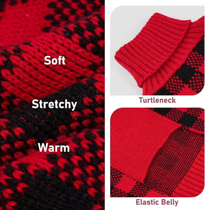 KYEESE Dog Christmas Sweater with Snowman Design, Turtleneck Dog Sweater for Small Dogs. Cozy Holiday Outfit, Red Buffalo Plaid Knitwear with Leash Hole, Soft Warm Festival Pet Clothes, Large