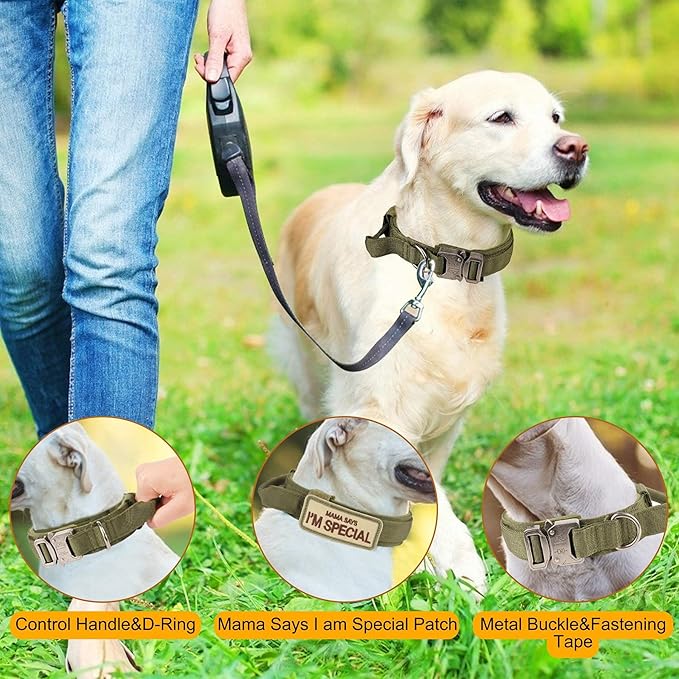 KCUCOP Tactical Dog Collar with Handle,Adjustable Military Dog Collar with Metal Buckle and Patches,Heavy Duty Dog Collars for Medium Dogs (Militarygreen-M)