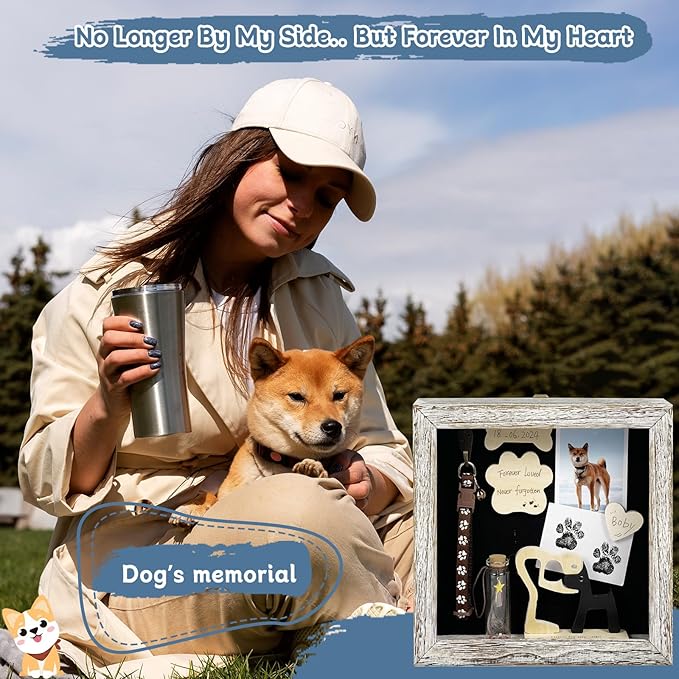 Dog Memorial Shadow Box Gift Pet Memory Display Case Wooden Picture Frame Pet Paw Ink Kit Glass Fur Jar Pets Keepsake Holder for Passed Away Dogs Cats idea Gifts for Pet Lover (White Dog Frame)