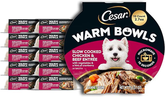 Cesar Warm Bowls Wet Dog Food Chicken & Beef Entree with Vegetables & a Hint of Cranberry in Broth, 2.7 oz. Bowls, 10 Count (Pack of 1)
