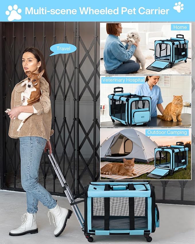 MILADA Extra Large Cat Carrier with Wheels for Big Cats & Small Dogs Soft Sided Rolling Pet Carrier Detachable XL Cat Stroller for Travel, Hiking, Vet & Hospital Use, Blue