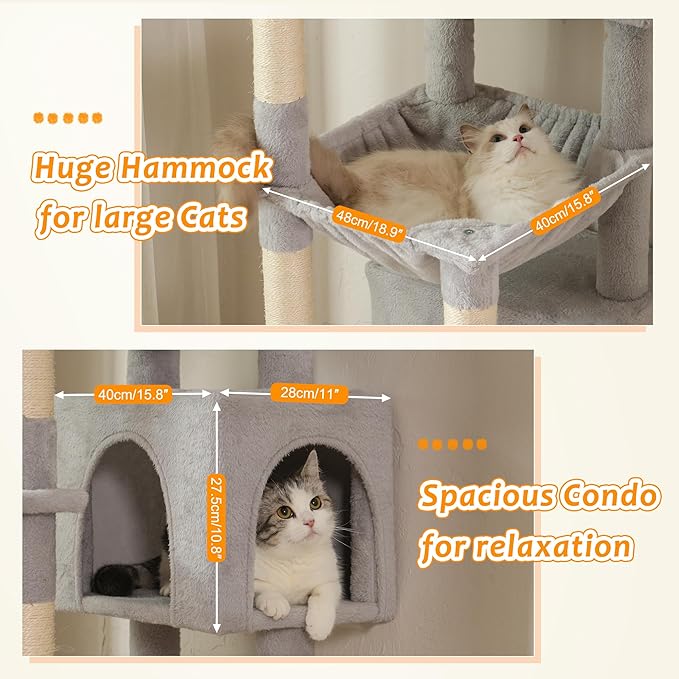 Floor to Ceiling Cat Tree Corner Cat Tower with Adjustable Height 88.9-109 inches (226-279cm) with Large Hammocks,Condo,Multi Platforms and Scratching Post for Indoor Cats-Gray Dual Posts