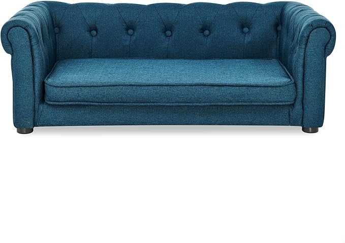 GDFStudio Modern Linen Dog Sofa for Small and Medium Dogs Elevated Pet Bed with Armrests and Backrest Durable and Comfortable Upholstered Pet Furniture, Blue