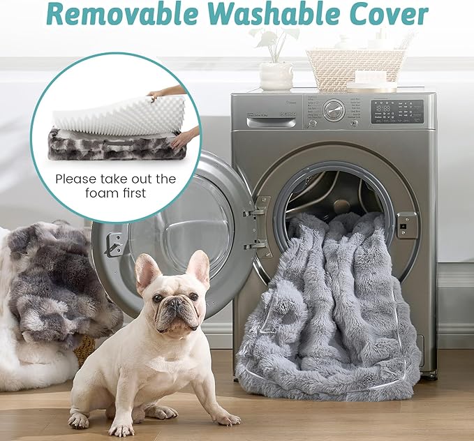 Orthopedic Dog Bed for Small Medium Size Dog, Faux Fur Pet Sofa, Foam Bolster Couch with Waterproof Lining Cover, Anti-Slip, Soft, Warm, Washable, C-Shaped, 30x20x6.5 inch, Tie-dye Grey