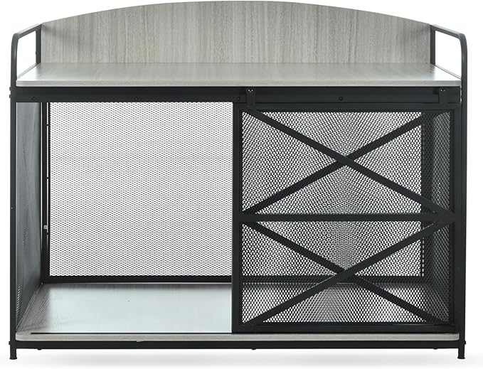 Large Furniture Dog Crate, Dog Kennel Indoor, Wood Dog Cage Table, Heavy Duty Dog Crate, Sturdy Metal,Gray
