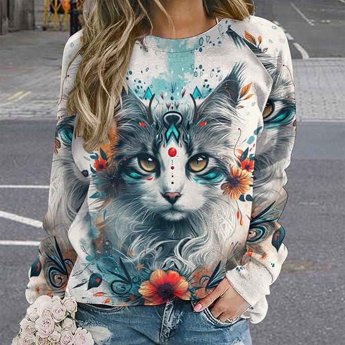 Womens novelty funny cat printed crewneck sweatshirt casual loose long sleeve graphic pullover sweatshirts tops