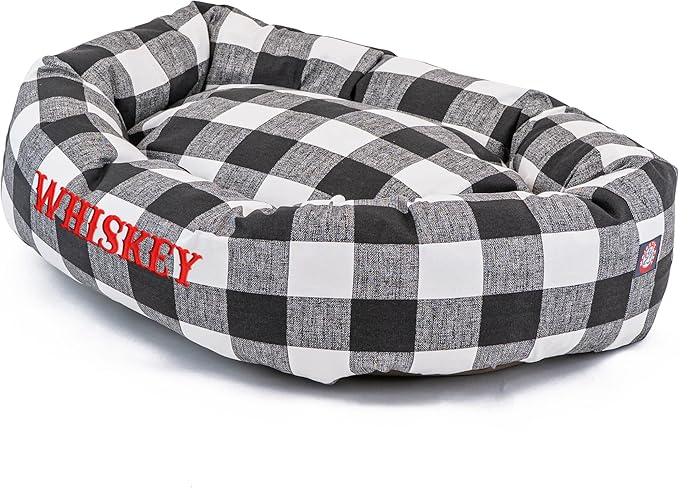 Majestic Pet Anderson Check Personalized Bagel Dog Bed | Donut Style Pet Bed with Custom Embroidered Pet Name | Various Fonts and Thread Colors Available (Medium, Charcoal Black)