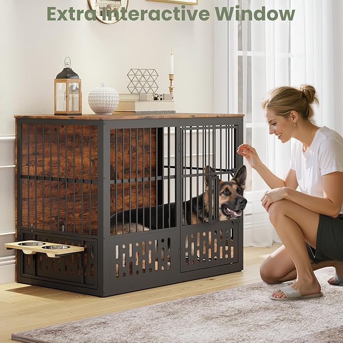 48 Inch XXL Dog Crate Furniture, Wooden Chewproof Dog Kennel with Interactive Window, 360° Adjustable Bowls (5 Heights), Storage Table Top, Heavy Duty XL Dog Crate for Medium Large Dogs, Brown