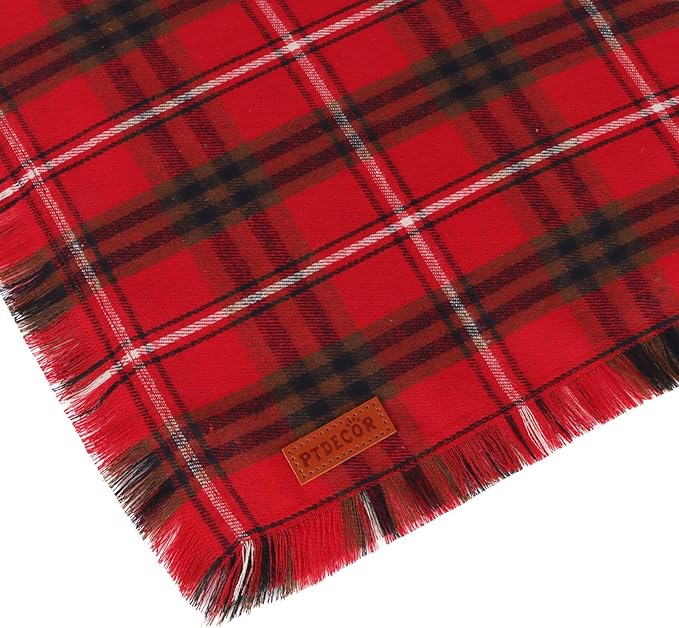 PTDECOR Christmas Dog Bandanas with Tassels Edges, Stylish Red Green Plaid Scarf Bib, Multiple Size, Reversible Triangle Christmas Bandanas for Medium Large Dogs Pets (Large)