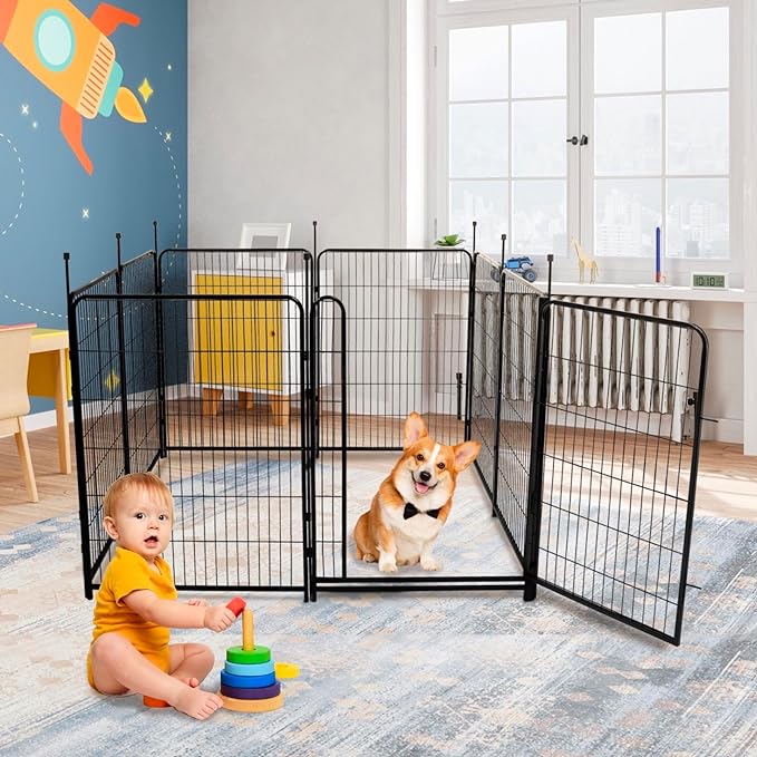 Tall Garden Fence Animal Barrier, 54 in(H) Dog Fences for The Yard, 10 Panels Total 22.1 Ft(L) Garden Edging Fence, 21 in Wide Low Threshold Gate, Temporary Fences for Dogs Outdoor