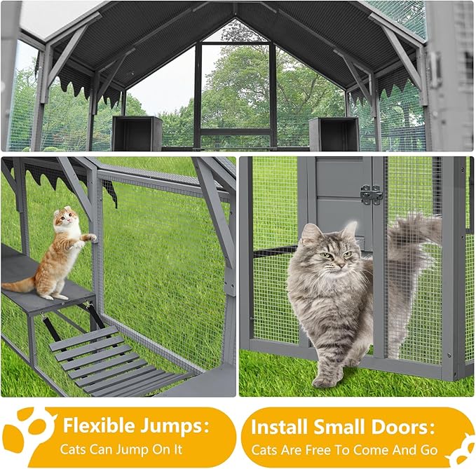 110" Outdoor Cat Catio Enclosure,Cats House Big Wooden Cat Shelter with Platforms,Upgrade Waterproof Cover,Large Spacious Interior,Two Small Sliding Doors,Grey