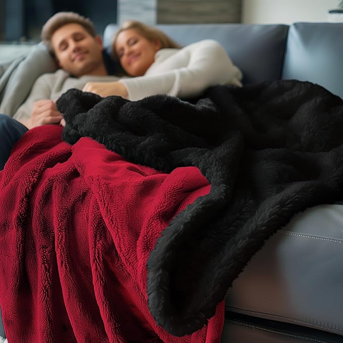 Waterproof Throw Blanket - Sherpa Fleece Reversible Throw, Soft Warm Leak-Proof Bed & Couch Protector for Kids, Pets & Everyday Spills (Velvet Red/Obsidian Black, Throw 50x60