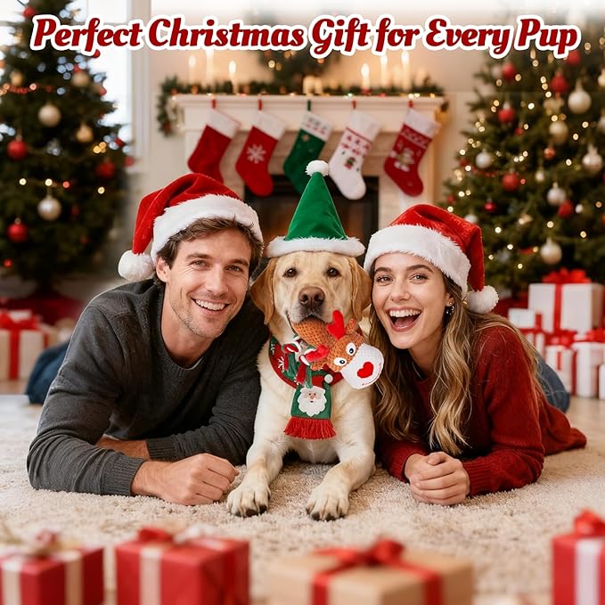 Christmas Dog Toys - Rope Reindeer Durable Squeaky Plush Dog Toy for Small, Medium & Large Dogs, Soft Xmas Gift for Pets