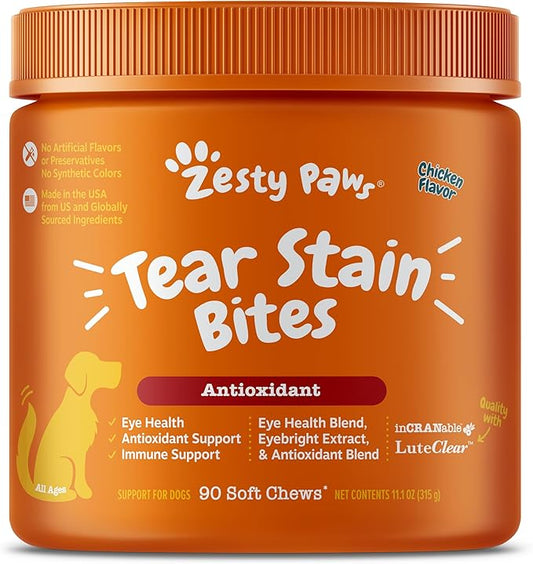 Zesty Paws Tear Stain Support Soft Chews for Dogs - for Eye Moisture + Vision & Immune Support - Functional Supplements with Fish Oil, Lutein, Cranberry & Vitamin C - Chicken Flavor - 90 ct