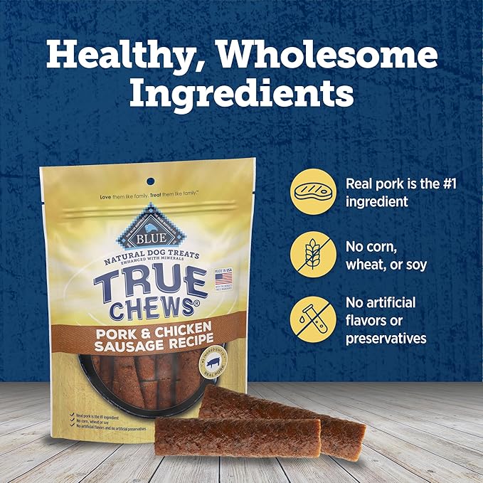 Blue Buffalo True Chews Dog Treats, Made in The USA with Natural Ingredients, Pork and Chicken Sausage Recipe, 14-oz Bag