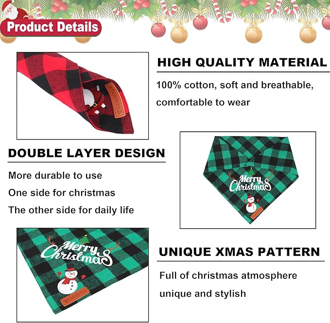ADOGGYGO 2 Pack Dog Bandana Christmas Classic Plaid Pet Scarf Triangle Bibs Kerchief Merry Christmas Santa Snowman Bandana for Large X-Large Dogs Pets (X-Large)
