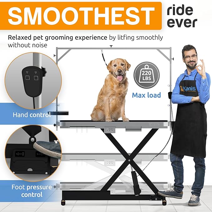 KANIS - 49" Professional Electric Dog Grooming Table, Black + 50" Professional Stainless Steel Dog Bathing Station, Right RAMP