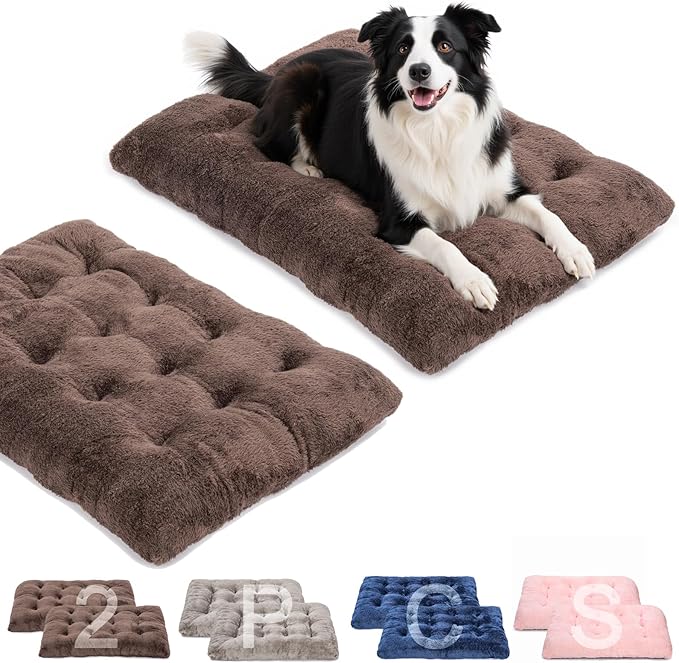 POMIU 2-Pack Washable Dog Bed, Deluxe Plush Crate Beds with Anti-Slip, Machine Washable Kennel Pad Sleeping Mat for Large, Medium and Small Dogs (2 Pack x Coffee, 35.0" L x 23.0" W x 3.0" Th)