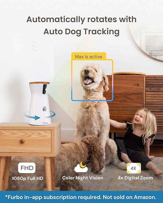 Furbo 360° Dog Camera - Unlock with Paid Plan: Home Security & Dog Safety Alerts, Rotating Pet Treat Dispenser w/ 2-Way Speaker, Smart Indoor Cam w/Phone App (3mo Minimum Subscription Required)