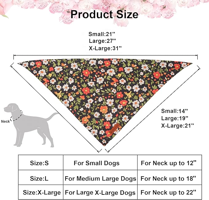 ADOGGYGO Floral Dog Bandana, Black Pink Flower Pet Scarf, Premium Durable Fabric, Cute Floral Bandanas for Small Dogs (Small)