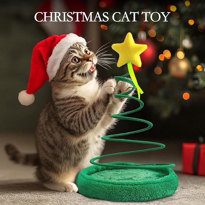 PAWISE Christmas Tree Cat Toy with Spiral Spring Plate – Interactive Plush Teasing Toy for Indoor Cats & Kittens, Holiday Fun & Active Play