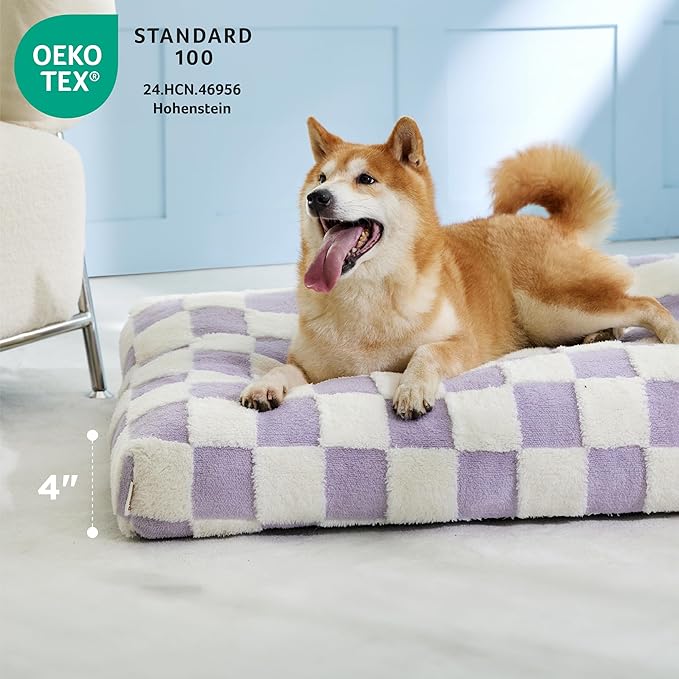 LE SURE Extra Large Dog Bed-Thick Shredded Chopped Foam Pet Bed Indoor with Removable Cover, Cute Modern Fuzzy Plush & Anti Slip Bottom, Purple