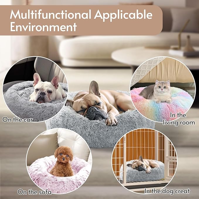 JOLLYVOGUE Small Dog & Cat Beds for Indoor Cats, Donut Cuddler Warming Soft Dog Beds with Anti-Slip Bottom, Round Calming Fluffy Plush Faux Fur Cushion Bed for Medium Dogs (27", Smoke Grey)