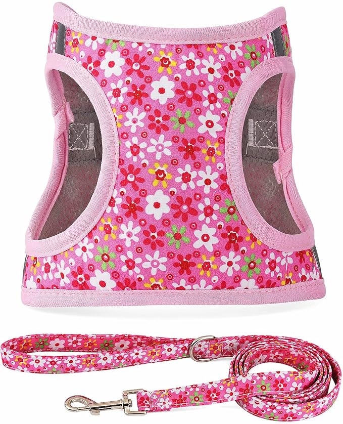 Moonpet Step in Dog Harness Leash Set- All Weather Reflective No-Pull Floral Pattern Padded Mesh Vest Harness for Cats Puppy Extra-Small Small Medium Large Dogs - Pink Flower - XS