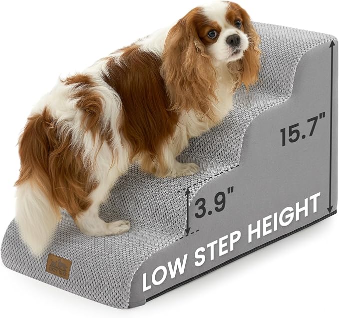 Dog Stairs for Small Dogs 15.7" H, 4-Step Slope Dog Steps for Bed, Couch or Chair, Sturdy Pet Ramp for Puppy, Older Cat, Pet Ladder with High Density Foam, 15.7x28.3x15.7 inch, Gray