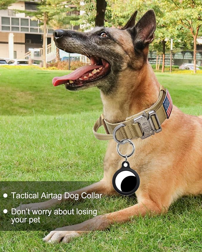 Hotsky Tactical Dog Collar, Adjustable Military Training Nylon Airtag Collar with Handle and Heavy Duty Metal Buckle for Medium Large Dogs, with Airtag Holder and Two Patches （Brown,XL）