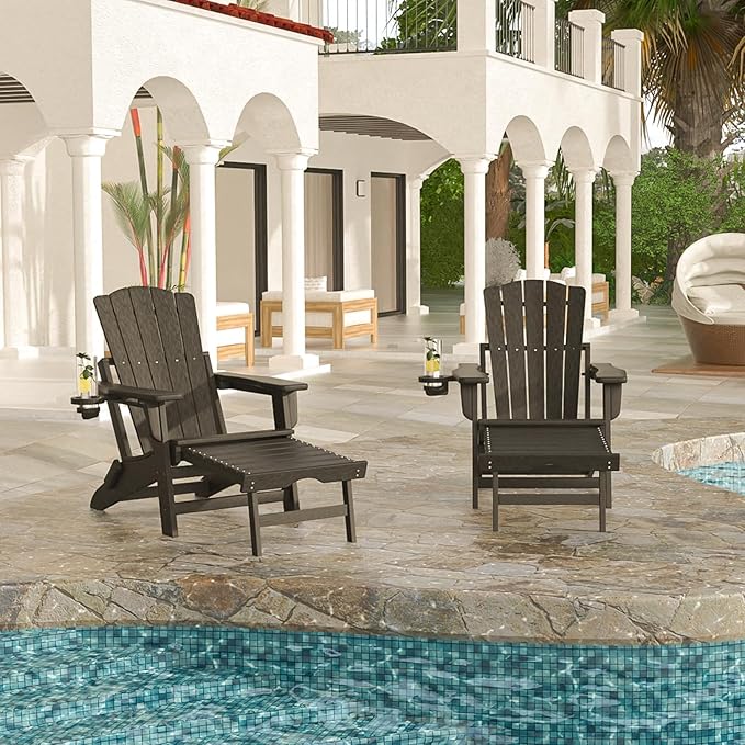 Folding Adirondack Chair with Retractable Ottoman Set of 2, All Weather Fire Pit Chairs with Cup Holder, Outdoor Chair with Ottoman,Black