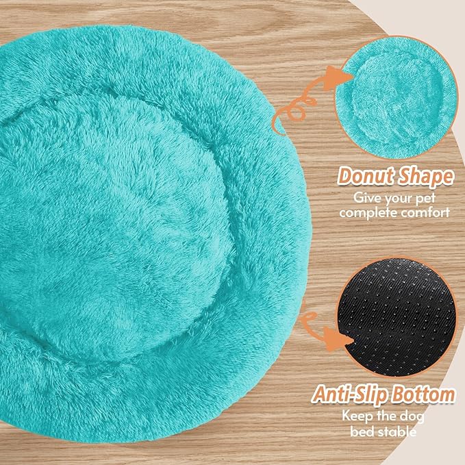 JOLLYVOGUE Small Dog & Cat Beds for Indoor Cats, Donut Cuddler Warming Soft Dog Beds with Anti-Slip Bottom, Round Calming Fluffy Plush Faux Fur Cushion Bed for Small Dogs (20", Aqua Blue)