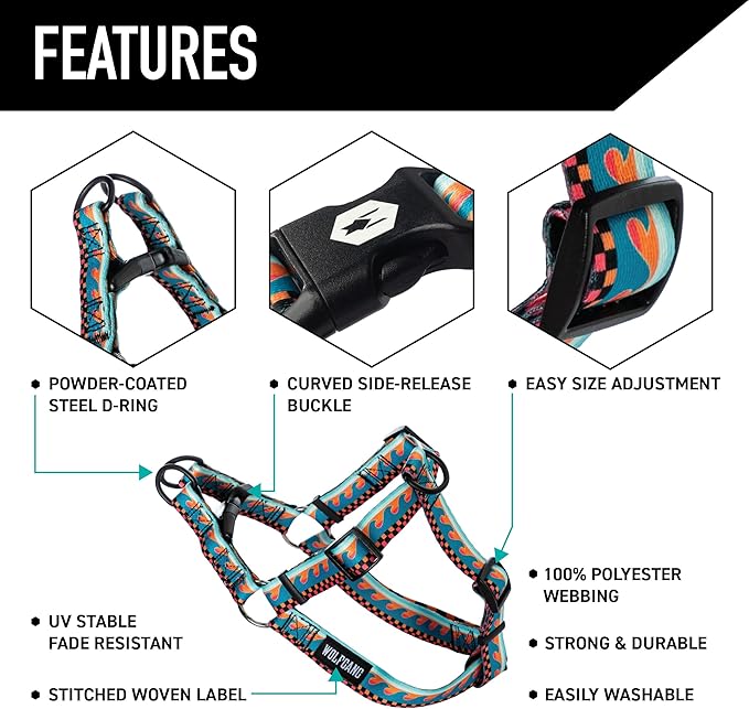 Wolfgang Heavy Duty Adjustable Dog Harness, Pull-Tested to Over 800 lbs for Walking & Training, BuenaOnda Print, Medium