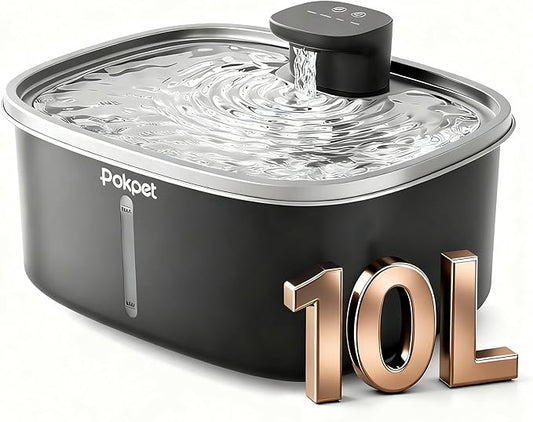 10L/2.64GAL Wireless Water Fountain for Cats Large Dogs for Multi-Pet Homes - Stainless Steel 4000mAh Battery Operated Automatic Pet Water Dispenser with Sensor, Quiet Flowing Bowl - Black