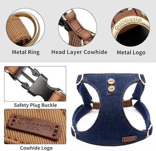 No Pull Dog Harness with Multifunction Dog Leash,Soft Adjustable No Choke Escape Proof Pet Harness Vest for Medium Dogs or Large Dogs,Denim Blue,L