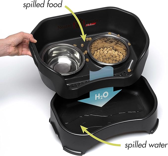 Neater Feeder Deluxe Mess Proof Dog Bowls Elevated for Small Breeds – Made in USA – No Spill Raised Dog Food Bowl Stand w/Leg Extensions – Stainless Steel Dog Food and Water Bowl Set – Black