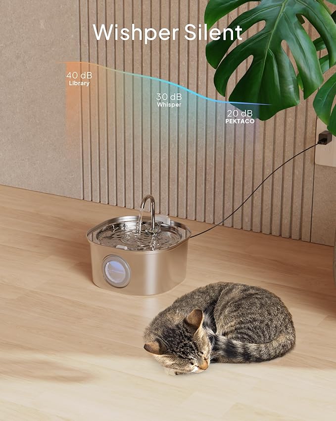 PEKTACO Cat Water Fountain, Pet Water Fountain for Cats/Dogs Indoor, Stainless Steel Cat Drinking Fountains with Water Level Window and 3 Filters + 3 Sponges(3.2L/108oz)