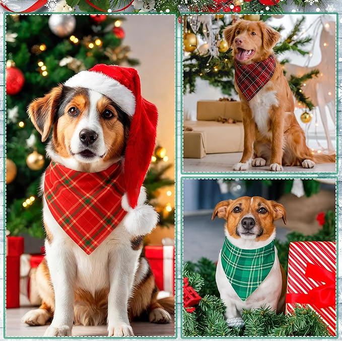 Abbylike 100 Pcs Christmas Dog Bandanas Bulk Red and Green Buffalo Plaid Bandanas for Dogs Triangle Kerchief Bibs Scarf for Pet Xmas Costume Photo Props Accessories, 25 Styles (31.5 x 21.7 x 21.7)