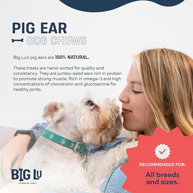 Big Lu – Whole Pig Ears for Dogs, 6 Count, All-Natural Single-Ingredient Pork Treats for Medium and Large Dogs, Easily Digestible, Supports Joint Health with Glucosamine and Chondroitin