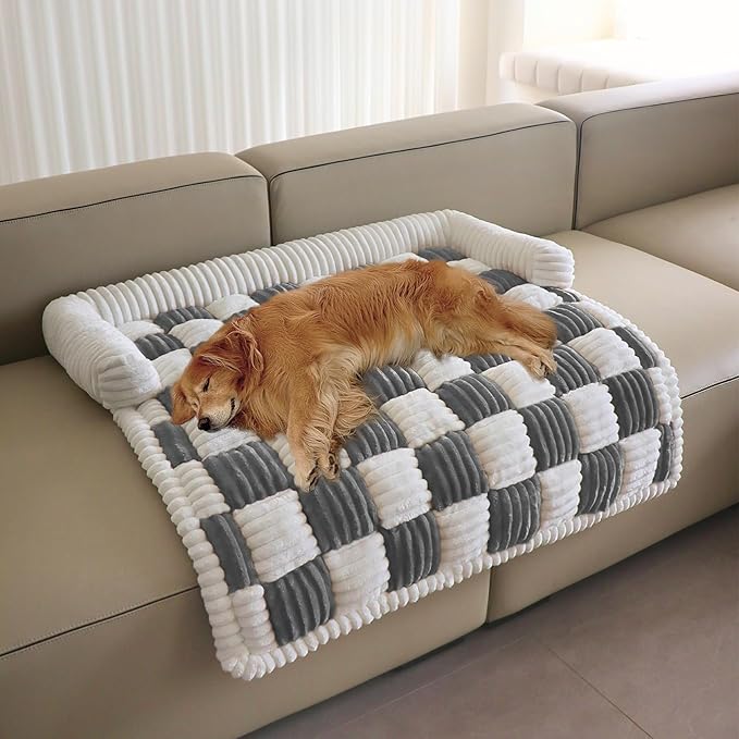 Couch Covers for Dogs and Cats, Fuzzy Dog Sofa bed with Cream Square Plaid, Plush Pet Couch Cover Bed, Thickened Quilted Furniture Protector Mat for Large Medium Pets (Dark Grey 35.43"*35.43")