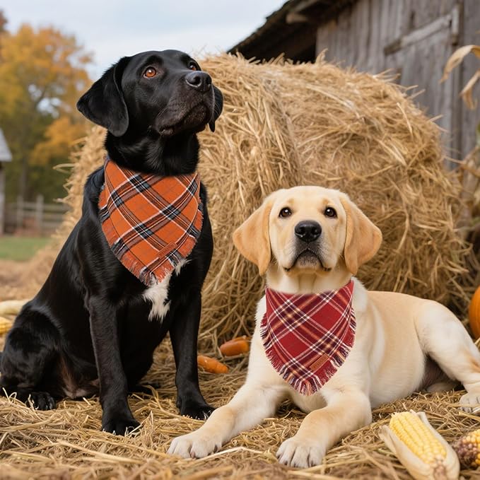 PTDECOR Fall Dog Bandanas with Tassels Edges, Orange and Brown Plaid Scarf Bib, Halloween Thanksgiving Autumn Pet Bandana, Reversible Triangle Bandanas for Medium Large Dogs Pets (Large)