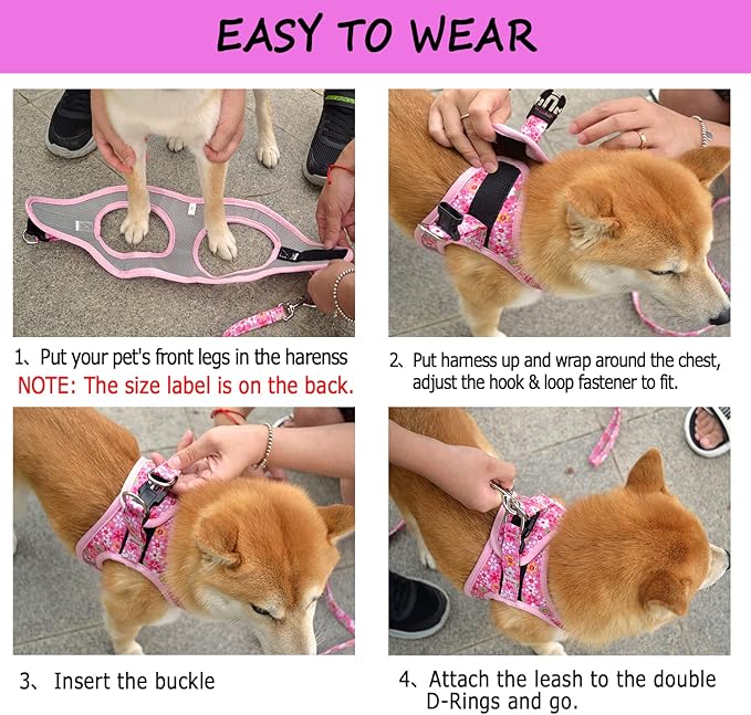 Moonpet Step in Valentine's Day Dog Harness Leash Set- All Weather Reflective No-Pull Floral Pattern Padded Mesh Vest Harness for Cats Puppy Extra-Small Small Medium Large Dogs - Heart Rose - XL