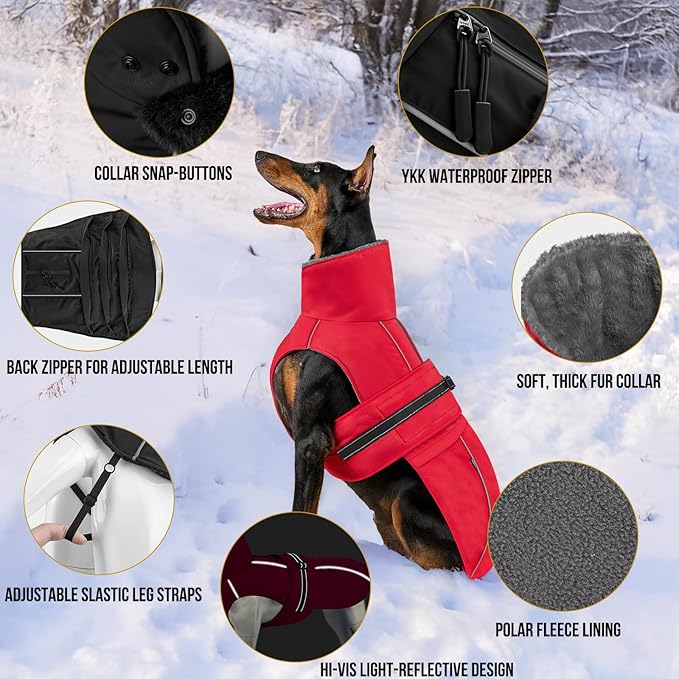OneTigris Dog Coat Waterproof Dog Jacket with Adjustable Buckle Hook & Loop Windproof Cold Weather Coats for Small Medium Large Dogs (Red, X-Large)