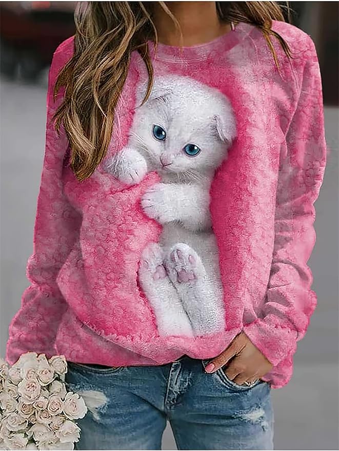TIAFORD Womens Cute Cats Graphic Crewneck Sweatshirt Winter Trendy Casual Plus Size Long Sleeve Shirt for Cats Lovers
