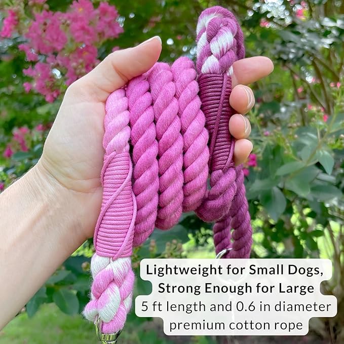 DJANGO Cotton Rope Dog Leash 5ft – Handcrafted Dog Leash and Purple Ombre Braided Leash for Small, Medium, and Large Dogs – Durable 5 Foot Training Lead with Silver Hardware – Raspberry Purple