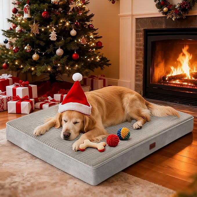 OhGeni 41 Inches Orthopedic Waterproof & Machine Washable Dog Bed for Large Pets, Gifts for Christmas, Suitable for Crates, 25D Egg Crate Foam, Non-Slip Bottom & Removable Cover(Gray)