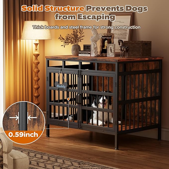 39 Inch Dog Crate Furniture, Heavy Duty Dog Kennel for Small Medium Large Dogs, Double Doors Indoor Decor Pet House Cage, Anti Escape Wooden Dog Cage with Name Tag End Table, TV Stand, Brown