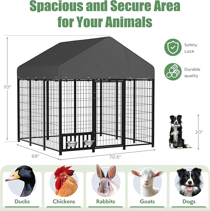 Heavy Duty Outdoor Dog Kennel for Yard, 6x6 Small Steel Chain Link Fence with Roof, Dog Run Enclosure with Feeding Bowl & Self-Locking Latch