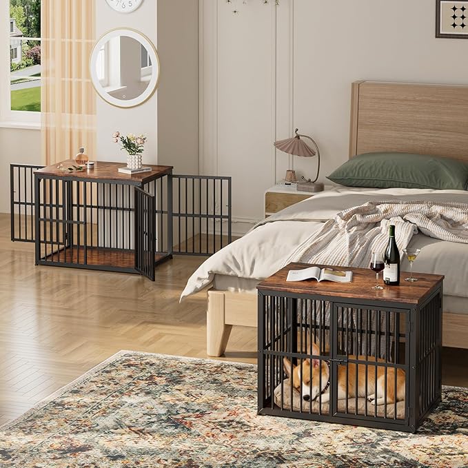 Lyromix 66'' Dog Crate Furniture with Double Rooms,Wooden Crate TV Stand with Removable Divider, Heavy Duty Indoor Puppy Cage Kennel for Small to Medium Dogs, Can Use Separately, Rustic Brown