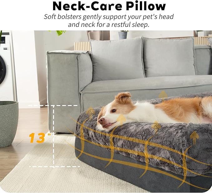 Memory Foam XL Dog Bed for XLarge Sized, Extra Large Orthopedic Dog Sofa with Sides and Waterproof Liner, Washable Bolster Pet Bed Couch with Removable Cover, 60x43x13 Inch, Dark Grey